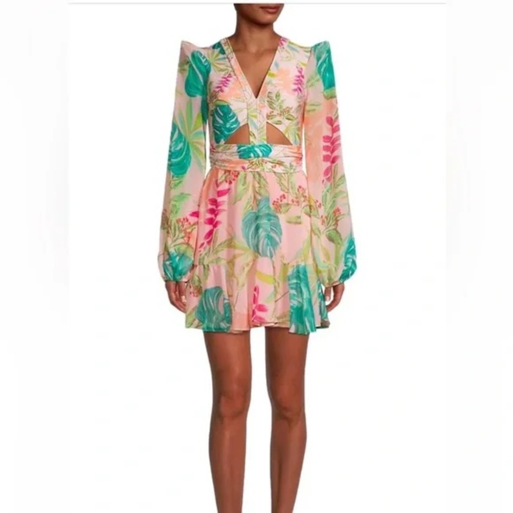 PatBO Pink and Orange V-Neck Bishop Sleeve Mini Dress XL